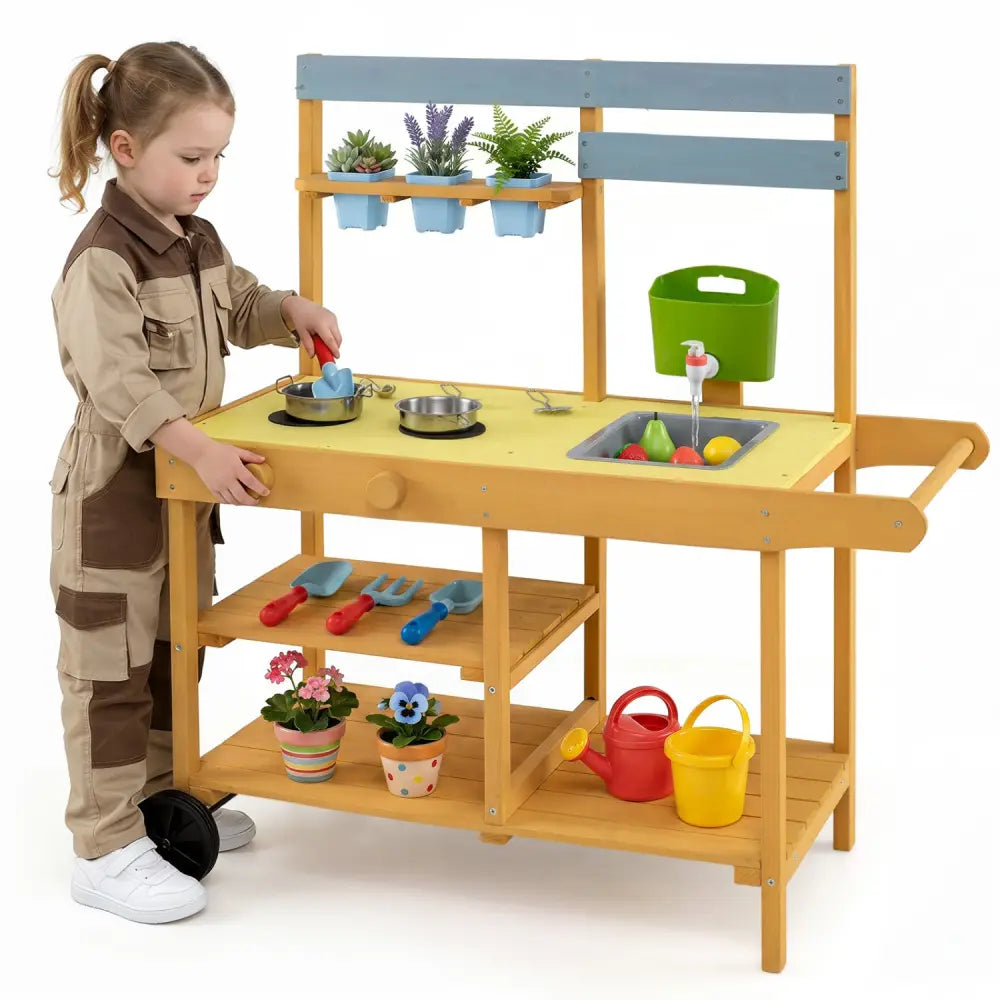 Wooden Outdoor Mud Kitchen for Kids with Flowerpots and Wheels-Yellow - Yellow - Play Kitchen Sets