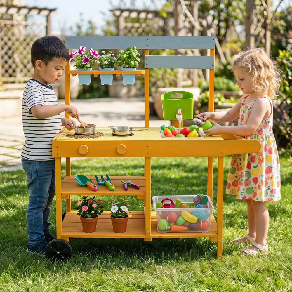 Wooden Outdoor Mud Kitchen for Kids with Flowerpots and Wheels-Yellow - Yellow - Play Kitchen Sets