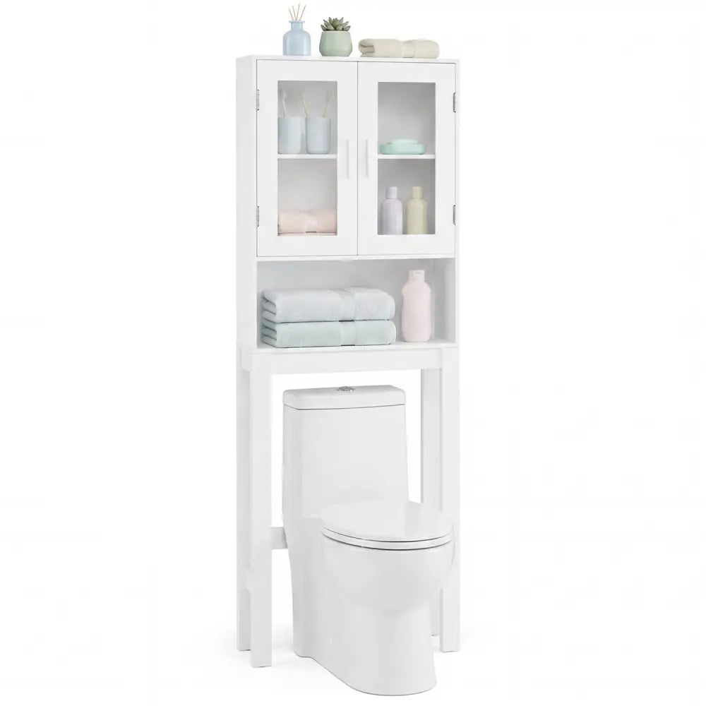 Wooden over the toilet Storage Cabinet with Tower Rack - White - Over the Toilet Storage