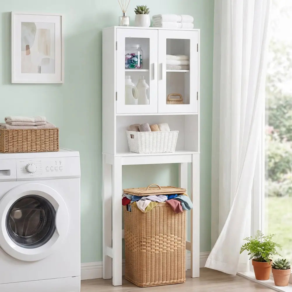 Wooden over the toilet Storage Cabinet with Tower Rack - White - Over the Toilet Storage