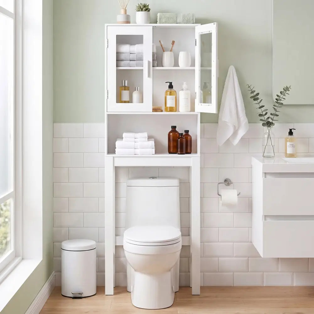 Wooden over the toilet Storage Cabinet with Tower Rack - White - Over the Toilet Storage