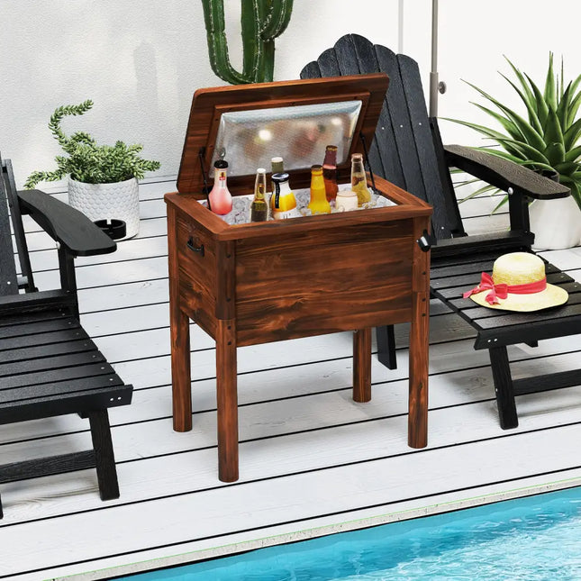 Wooden Patio Cooler with 3 Handles and Bottle Opener-Brown - Brown - Coolers