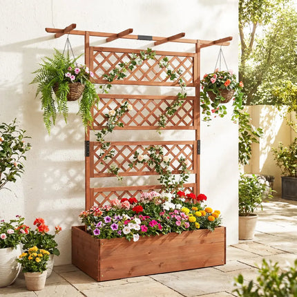 Wooden Planter Box with Lattice Trellis Raised Garden Bed Privacy Screen with Flat Roof-Brown - Brown - Raised Garden