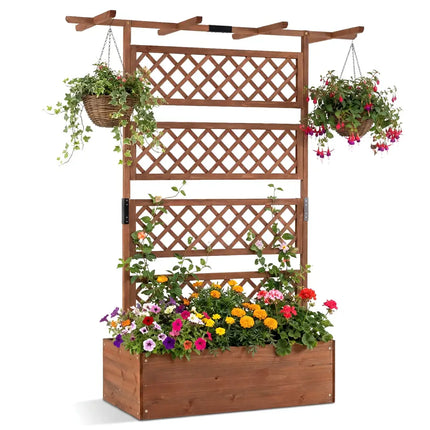 Wooden Planter Box with Lattice Trellis Raised Garden Bed Privacy Screen with Flat Roof-Brown - Brown - Raised Garden