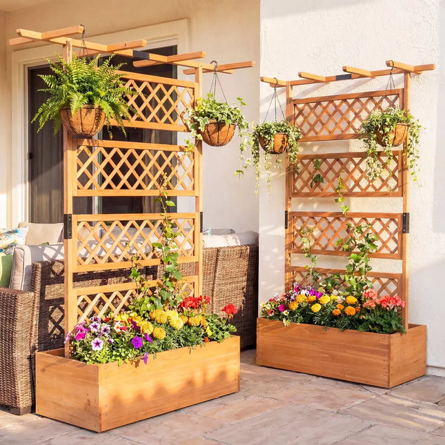 Wooden Planter Box with Lattice Trellis Raised Garden Bed Privacy Screen with Flat Roof-Orange - Orange - Raised Garden
