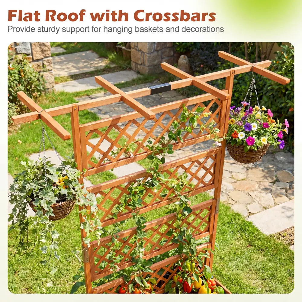 Wooden Planter Box with Lattice Trellis Raised Garden Bed Privacy Screen with Flat Roof-Orange - Orange - Raised Garden