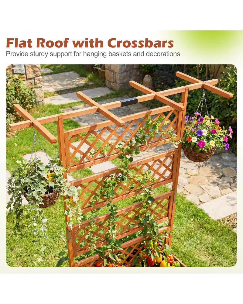 Wooden Planter Box with Lattice Trellis Raised Garden Bed Privacy Screen with Flat Roof-Orange - Orange - Raised Garden