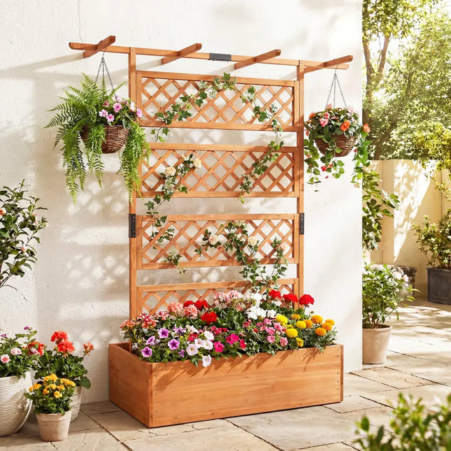 Wooden Planter Box with Lattice Trellis Raised Garden Bed Privacy Screen with Flat Roof-Orange - Orange - Raised Garden