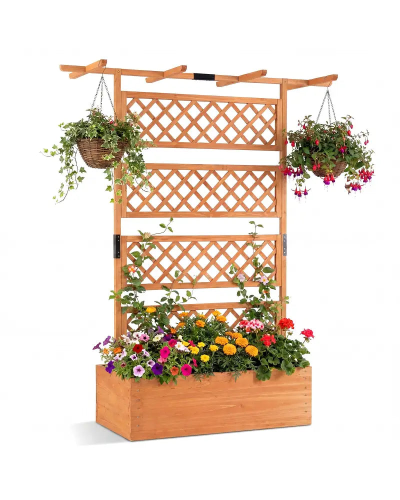 Wooden Planter Box with Lattice Trellis Raised Garden Bed Privacy Screen with Flat Roof-Orange - Orange - Raised Garden