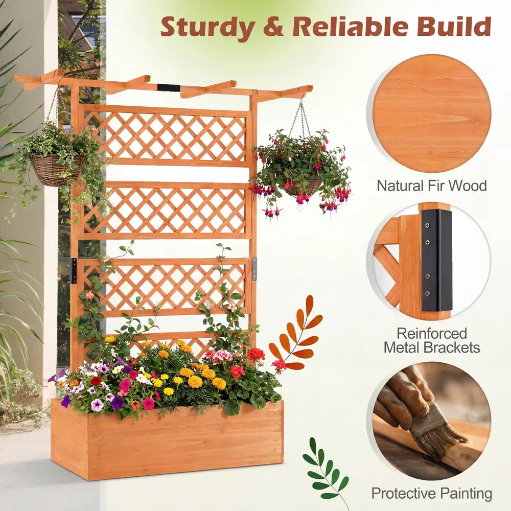 Wooden Planter Box with Lattice Trellis Raised Garden Bed Privacy Screen with Flat Roof-Orange - Orange - Raised Garden
