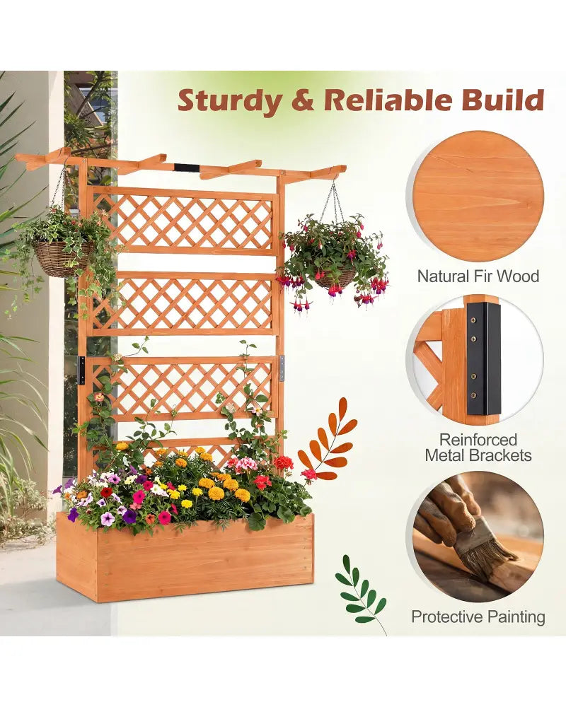 Wooden Planter Box with Lattice Trellis Raised Garden Bed Privacy Screen with Flat Roof-Orange - Orange - Raised Garden