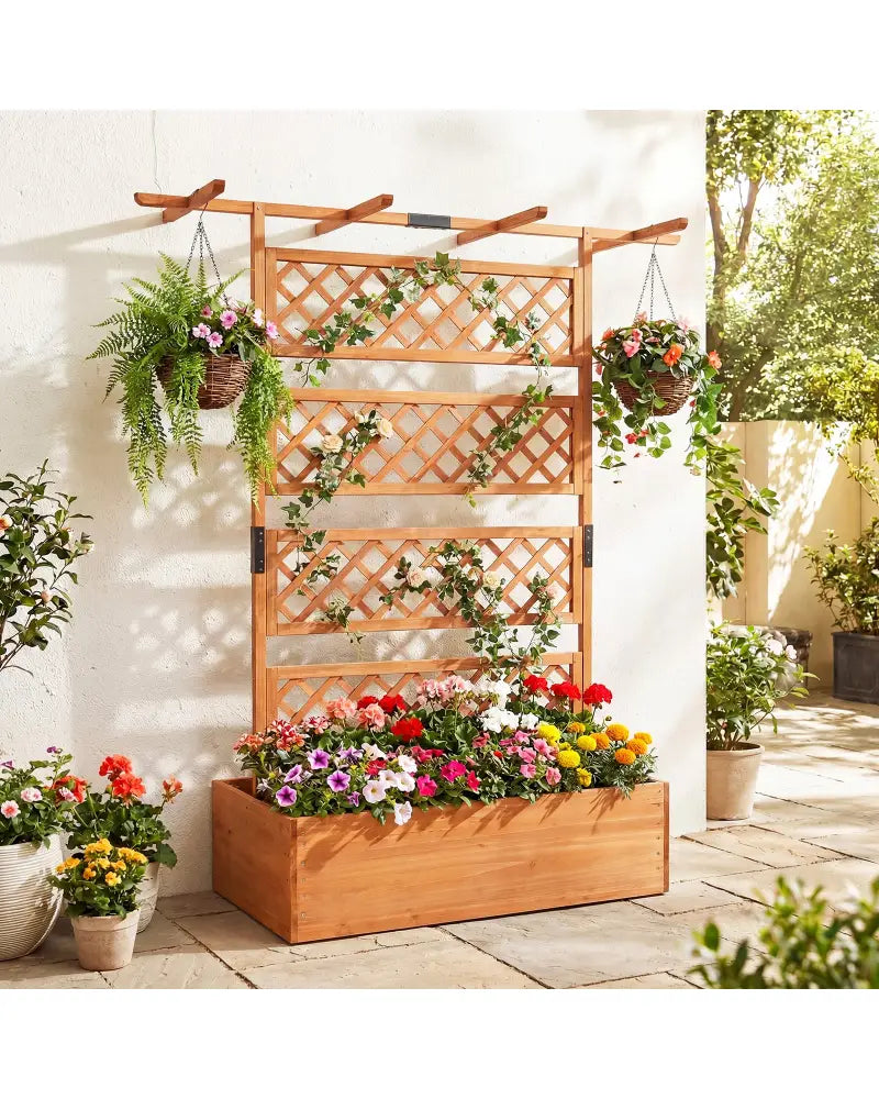 Wooden Planter Box with Lattice Trellis Raised Garden Bed Privacy Screen with Flat Roof-Orange - Orange - Raised Garden