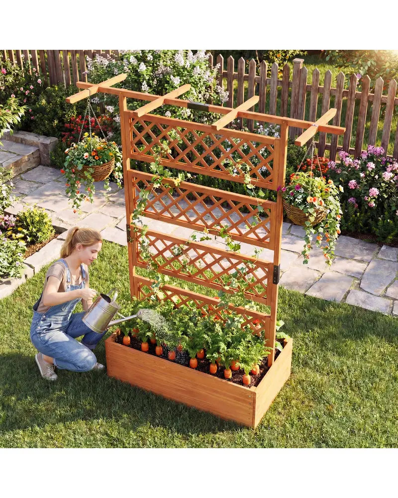 Wooden Planter Box with Lattice Trellis Raised Garden Bed Privacy Screen with Flat Roof-Orange - Orange - Raised Garden