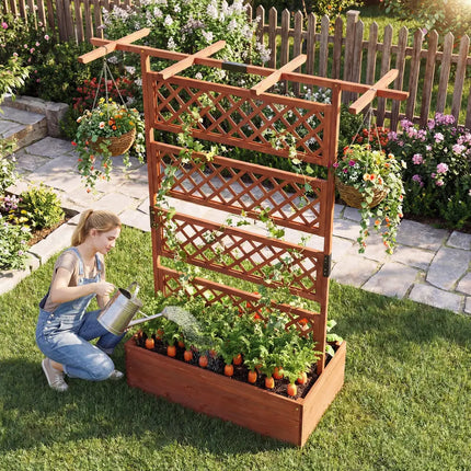 Wooden Planter Box with Lattice Trellis Raised Garden Bed Privacy Screen with Flat Roof-Brown - Brown - Raised Garden