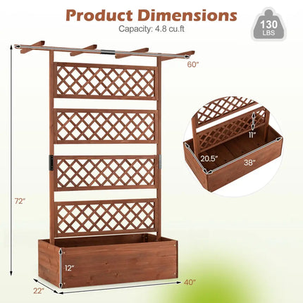 Wooden Planter Box with Lattice Trellis Raised Garden Bed Privacy Screen with Flat Roof-Brown - Brown - Raised Garden