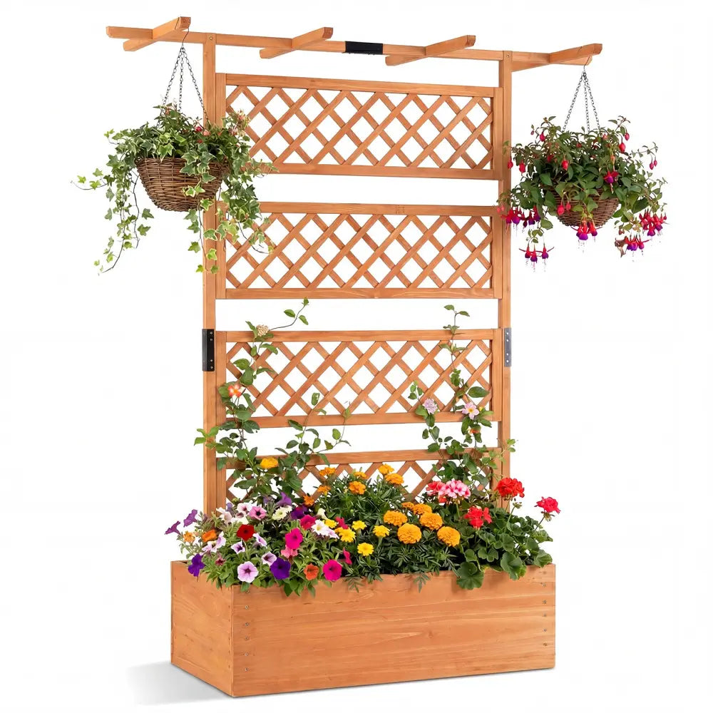 Wooden Planter Box with Lattice Trellis Raised Garden Bed Privacy Screen with Flat Roof-Orange - Orange - Raised Garden