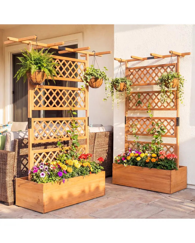 Wooden Planter Box with Lattice Trellis Raised Garden Bed Privacy Screen with Flat Roof-Orange - Orange - Raised Garden