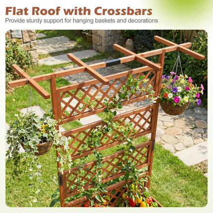 Wooden Planter Box with Lattice Trellis Raised Garden Bed Privacy Screen with Flat Roof-Brown - Brown - Raised Garden