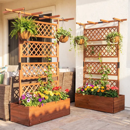 Wooden Planter Box with Lattice Trellis Raised Garden Bed Privacy Screen with Flat Roof-Brown - Brown - Raised Garden