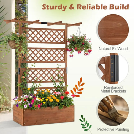 Wooden Planter Box with Lattice Trellis Raised Garden Bed Privacy Screen with Flat Roof-Brown - Brown - Raised Garden