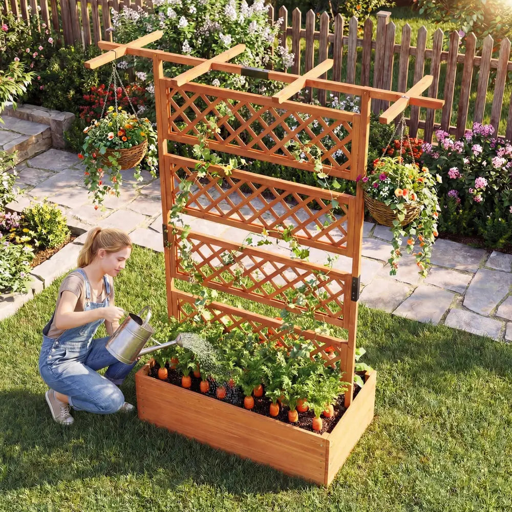 Wooden Planter Box with Lattice Trellis Raised Garden Bed Privacy Screen with Flat Roof-Orange - Orange - Raised Garden