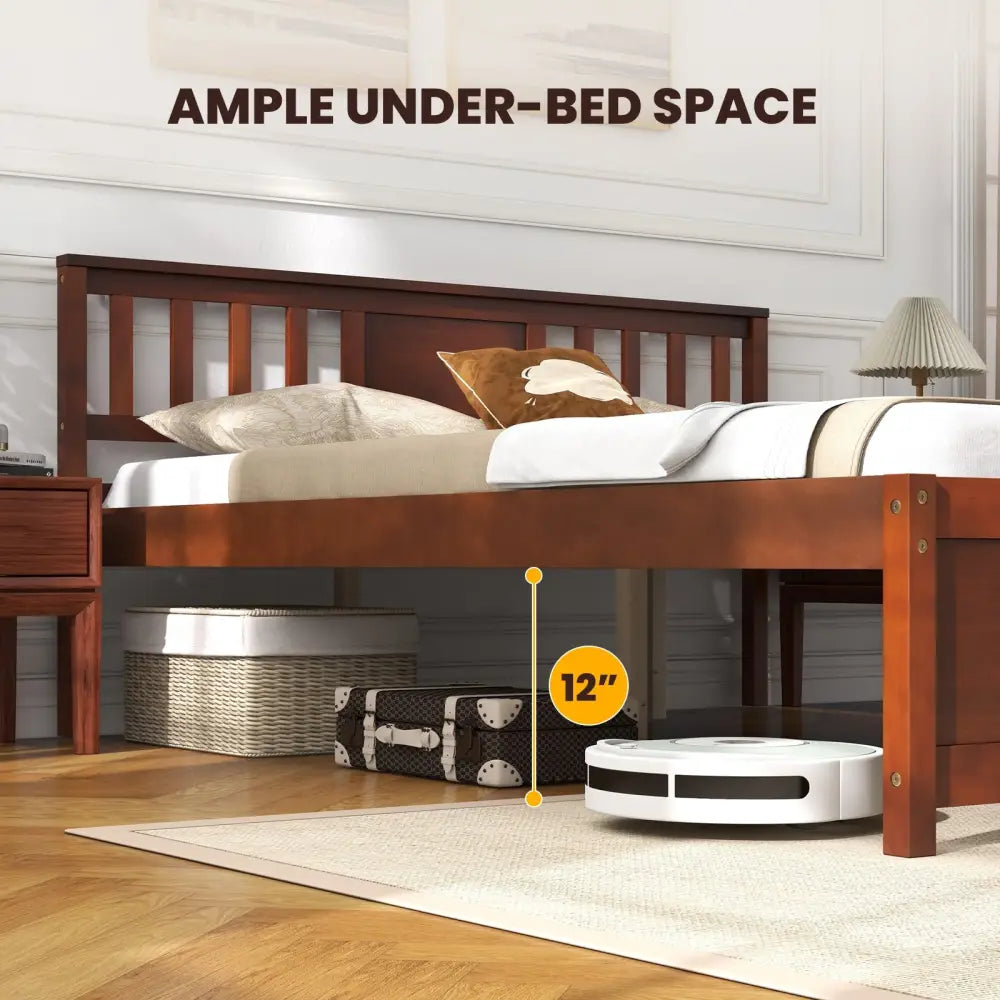 Wooden Platform Bed with Headboard and Slat Support-Queen Size - Walnut - Simple Bed Frame