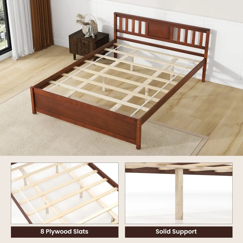 Wooden Platform Bed with Headboard and Slat Support-Queen Size - Walnut - Simple Bed Frame