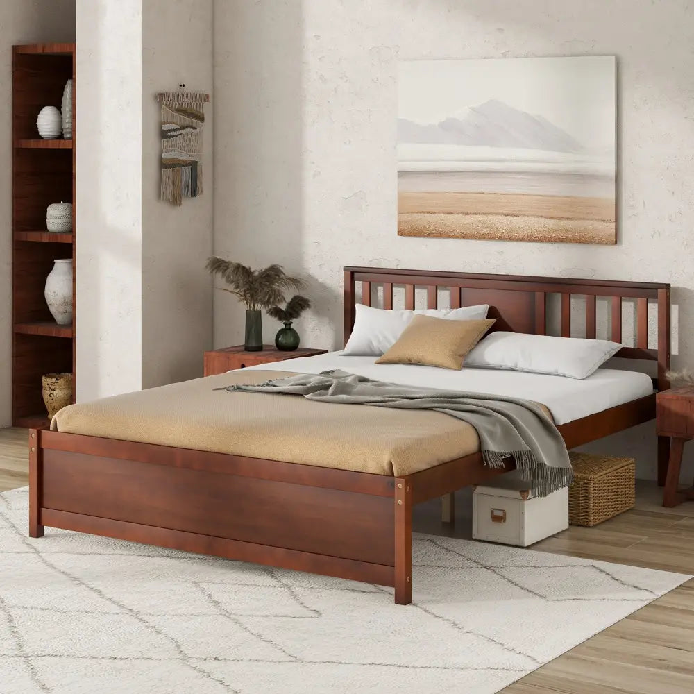 Wooden Platform Bed with Headboard and Slat Support-Queen Size - Walnut - Simple Bed Frame