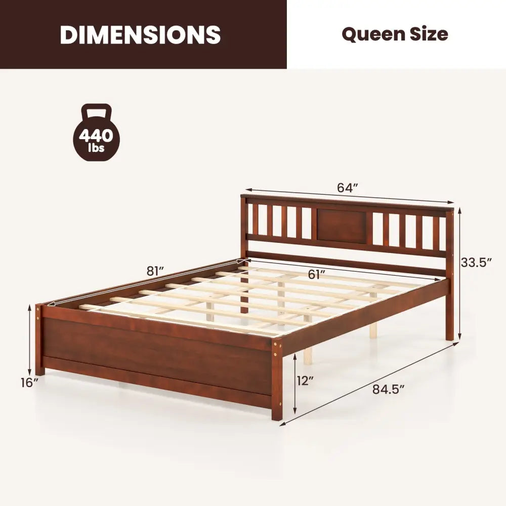 Wooden Platform Bed with Headboard and Slat Support-Queen Size - Walnut - Simple Bed Frame