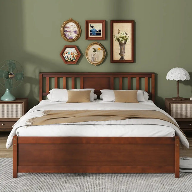 Wooden Platform Bed with Headboard and Slat Support-Queen Size - Walnut - Simple Bed Frame