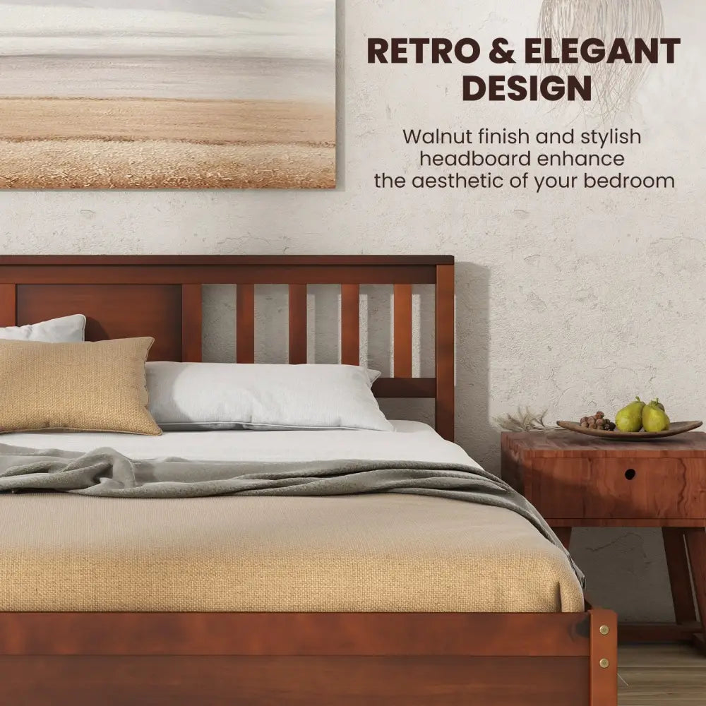 Wooden Platform Bed with Headboard and Slat Support-Queen Size - Walnut - Simple Bed Frame