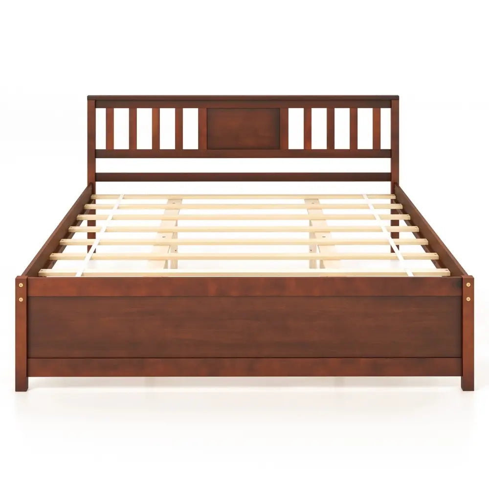 Wooden Platform Bed with Headboard and Slat Support-Queen Size - Walnut - Simple Bed Frame