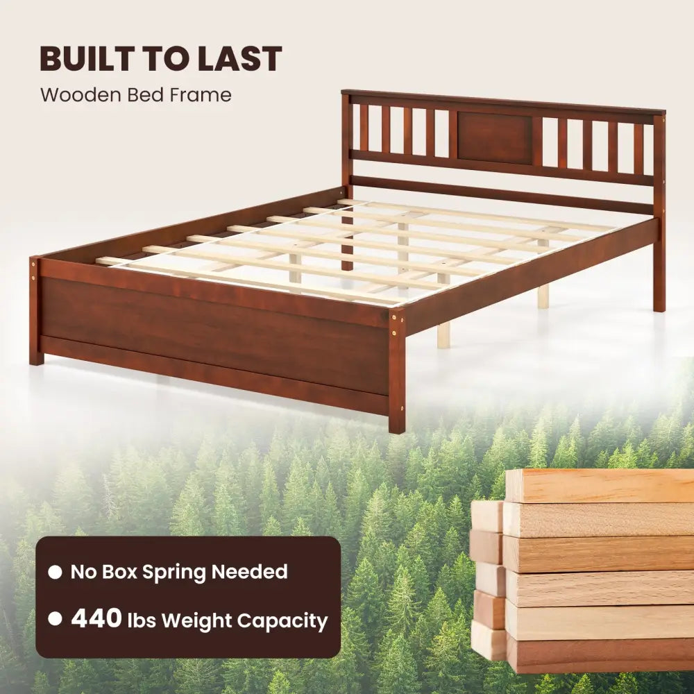Wooden Platform Bed with Headboard and Slat Support-Queen Size - Walnut - Simple Bed Frame