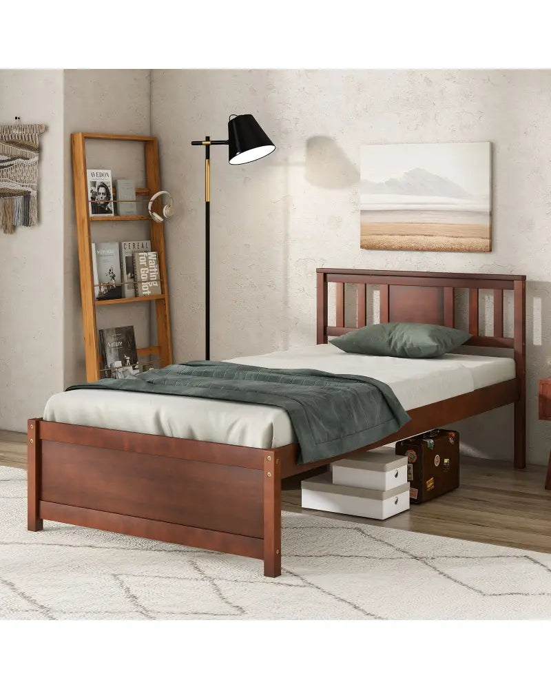 Wooden Platform Bed with Headboard and Slat Support-Twin Size - Walnut - Simple Bed Frame