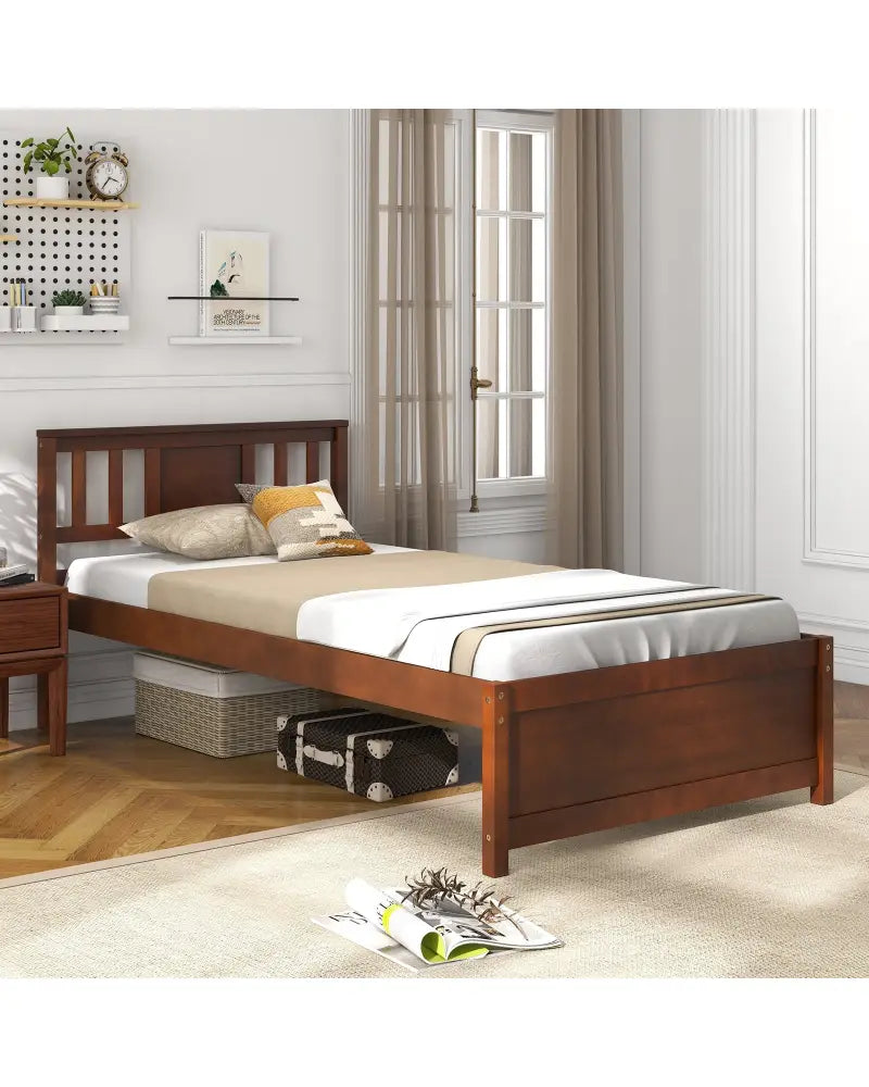 Wooden Platform Bed with Headboard and Slat Support-Twin Size - Walnut - Simple Bed Frame