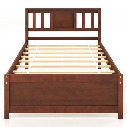 Wooden Platform Bed with Headboard and Slat Support-Twin Size - Walnut - Simple Bed Frame