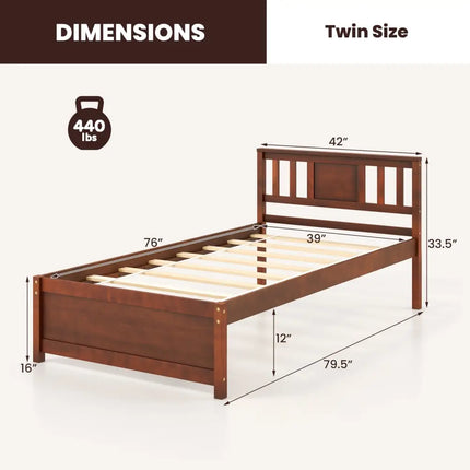 Wooden Platform Bed with Headboard and Slat Support-Twin Size - Walnut - Simple Bed Frame