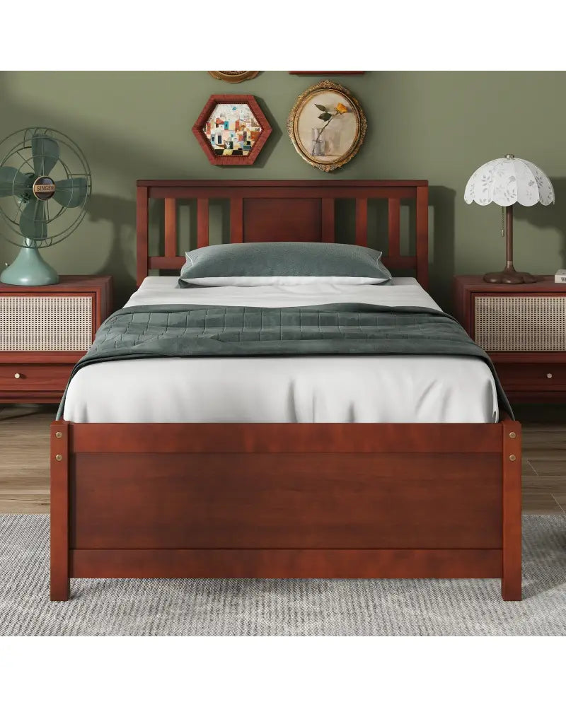 Wooden Platform Bed with Headboard and Slat Support-Twin Size - Walnut - Simple Bed Frame