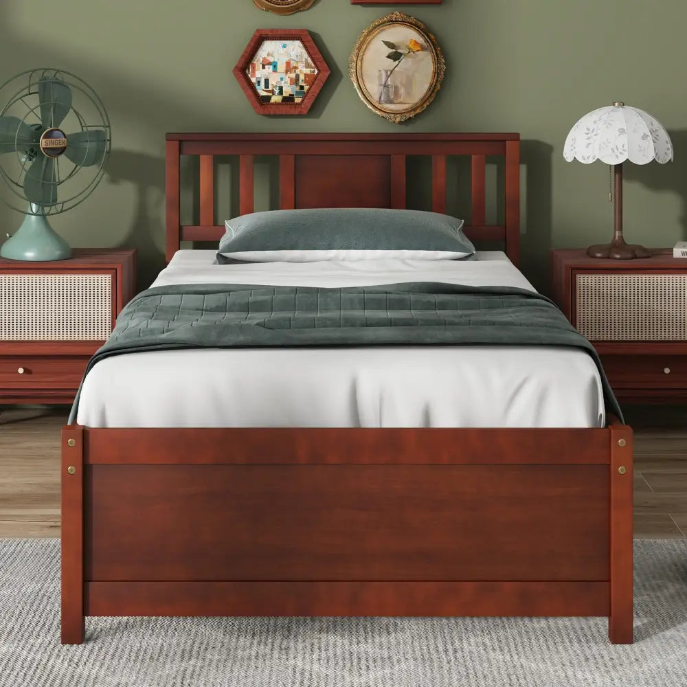 Wooden Platform Bed with Headboard and Slat Support-Twin Size - Walnut - Simple Bed Frame