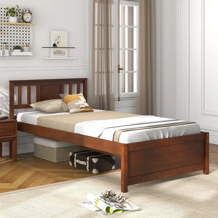 Wooden Platform Bed with Headboard and Slat Support-Twin Size - Walnut - Simple Bed Frame