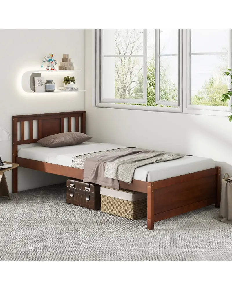 Wooden Platform Bed with Headboard and Slat Support-Twin Size - Walnut - Simple Bed Frame