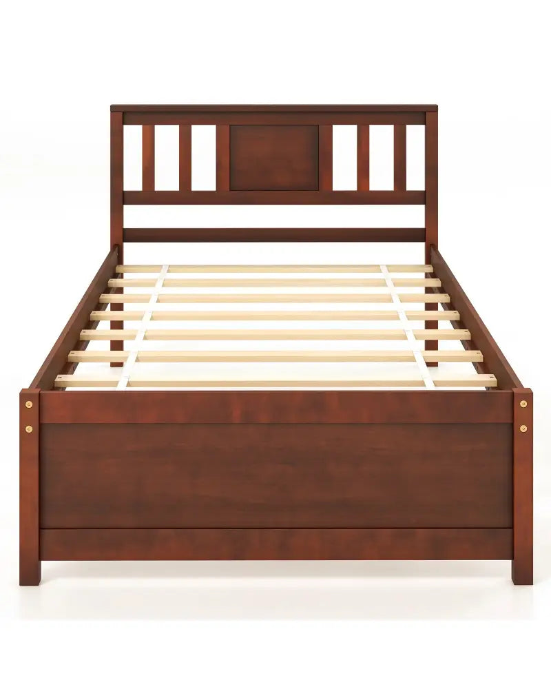 Wooden Platform Bed with Headboard and Slat Support-Twin Size - Walnut - Simple Bed Frame