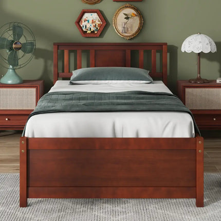 Wooden Platform Bed with Headboard and Slat Support-Twin Size - Walnut - Simple Bed Frame