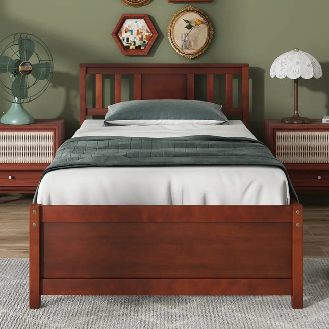 Wooden Platform Bed with Headboard and Slat Support-Twin Size - Walnut - Simple Bed Frame