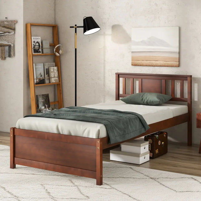 Wooden Platform Bed with Headboard and Slat Support-Twin Size - Walnut - Simple Bed Frame