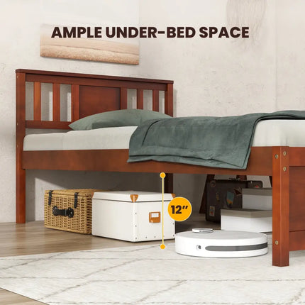 Wooden Platform Bed with Headboard and Slat Support-Twin Size - Walnut - Simple Bed Frame