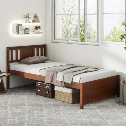 Wooden Platform Bed with Headboard and Slat Support-Twin Size - Walnut - Simple Bed Frame