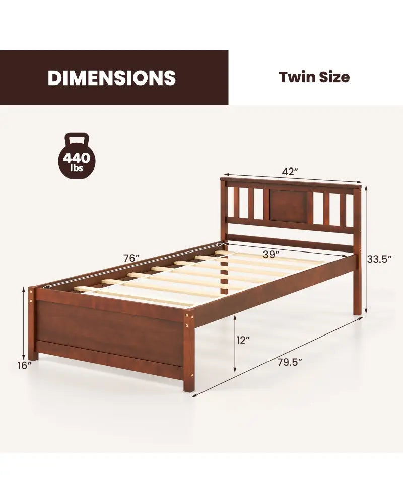 Wooden Platform Bed with Headboard and Slat Support-Twin Size - Walnut - Simple Bed Frame