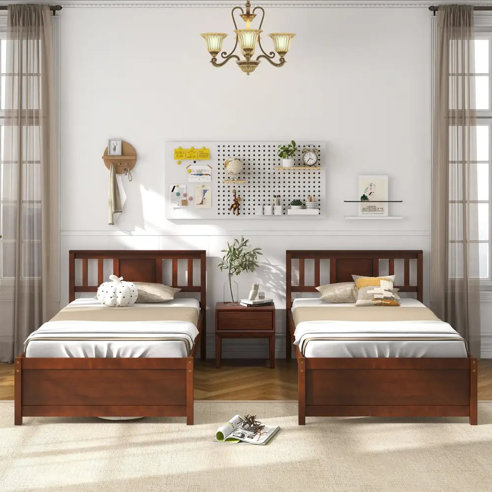 Wooden Platform Bed with Headboard and Slat Support-Twin Size - Walnut - Simple Bed Frame