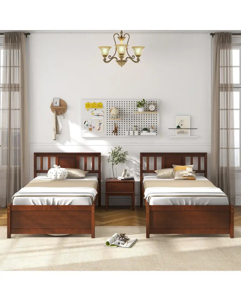 Wooden Platform Bed with Headboard and Slat Support-Twin Size - Walnut - Simple Bed Frame